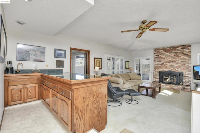 carpeted living room with ceiling fan, a healthy amount of sunlight, and a textured ceiling