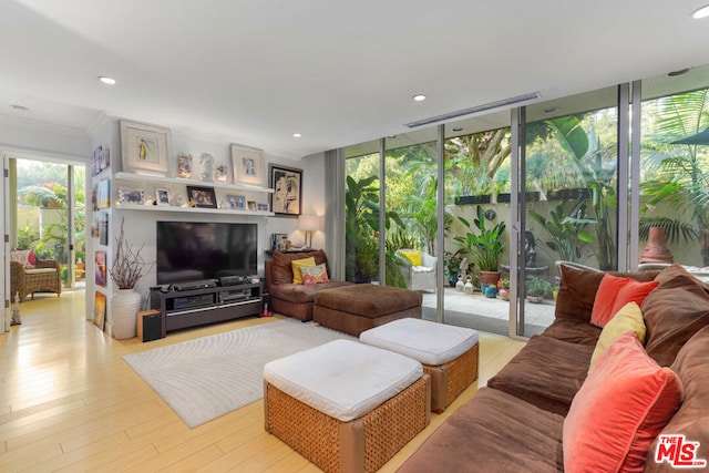 living room with ornamental molding, floor to ceiling windows, and light hardwood / wood-style floors