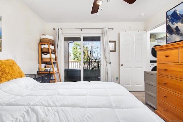 carpeted bedroom featuring stacked washer and dryer, access to outside, and ceiling fan