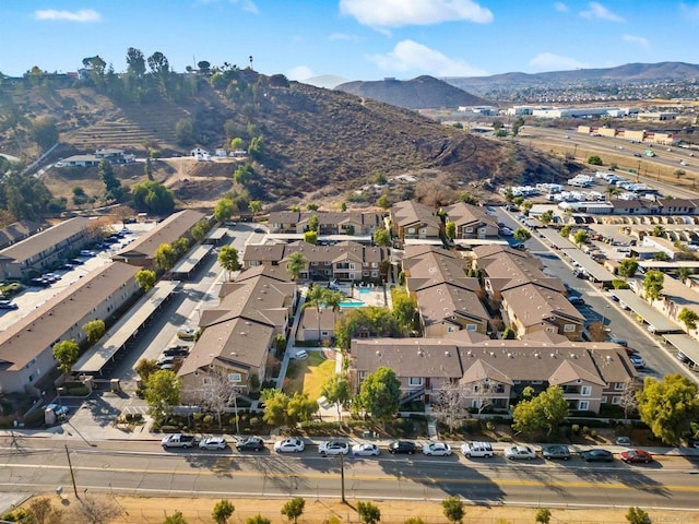 drone / aerial view featuring a mountain view