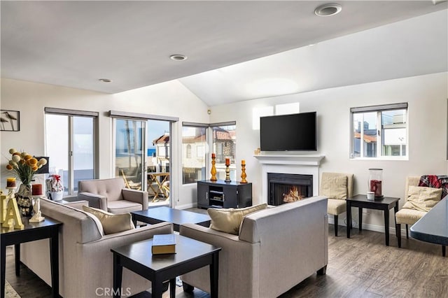 living room with lofted ceiling and dark hardwood / wood-style floors