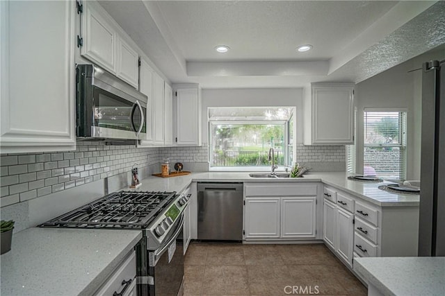 kitchen with sink, appliances with stainless steel finishes, plenty of natural light, white cabinets, and a raised ceiling