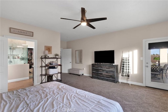 bedroom with access to exterior, ceiling fan, and carpet flooring