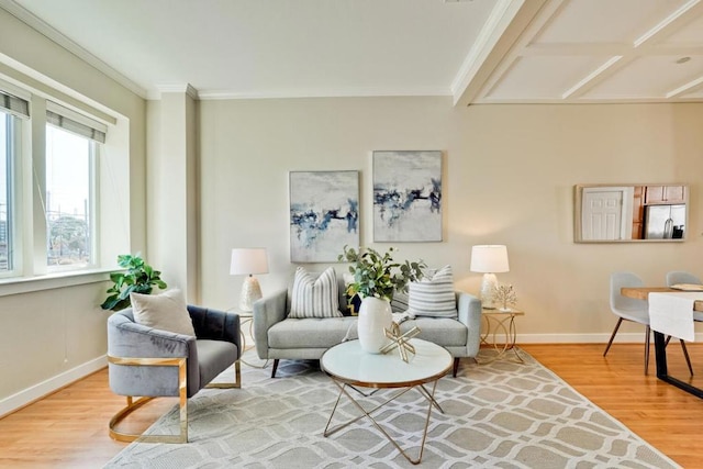 sitting room with ornamental molding and wood-type flooring