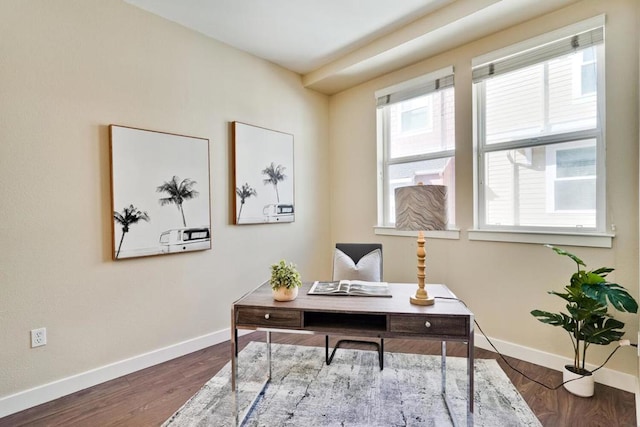 home office with hardwood / wood-style flooring