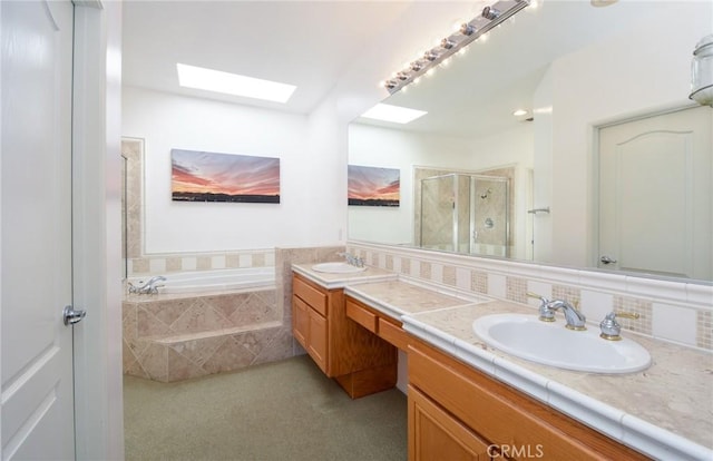 bathroom with vanity, backsplash, and plus walk in shower