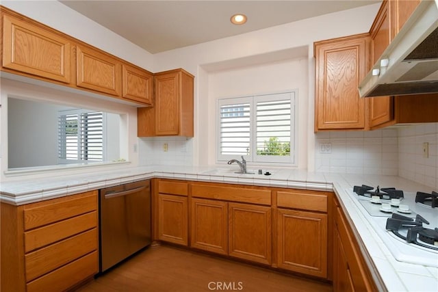 kitchen with stainless steel dishwasher, a healthy amount of sunlight, white gas cooktop, and sink