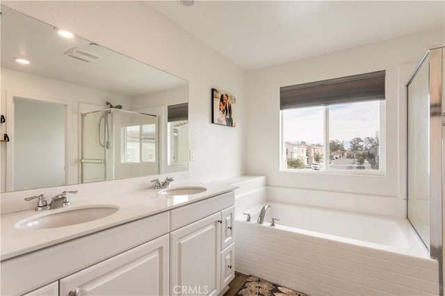 bathroom featuring vanity and separate shower and tub