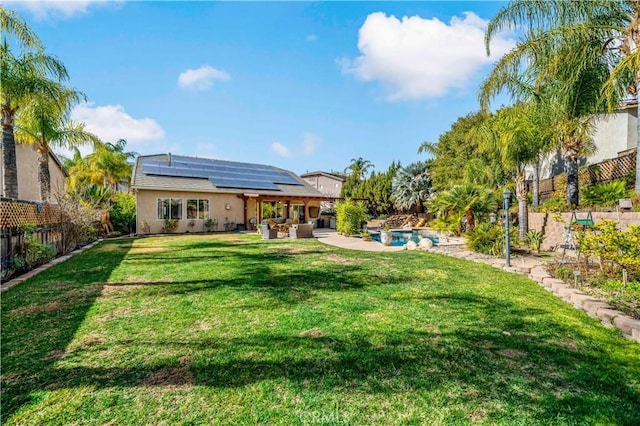 view of yard with an outdoor pool, a patio area, a fenced backyard, and outdoor lounge area