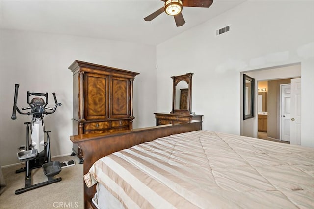 carpeted bedroom featuring baseboards, visible vents, and a ceiling fan