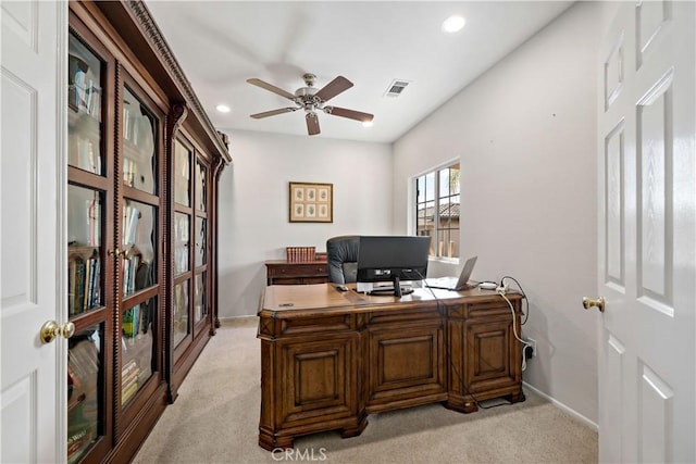 office area featuring recessed lighting, light colored carpet, visible vents, a ceiling fan, and baseboards