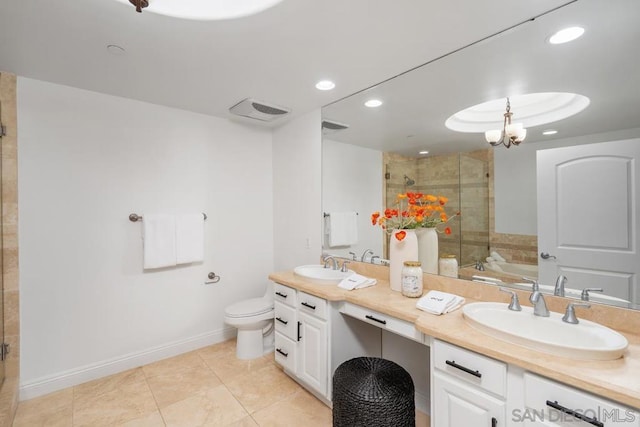 full bathroom with toilet, tile patterned floors, plus walk in shower, and vanity