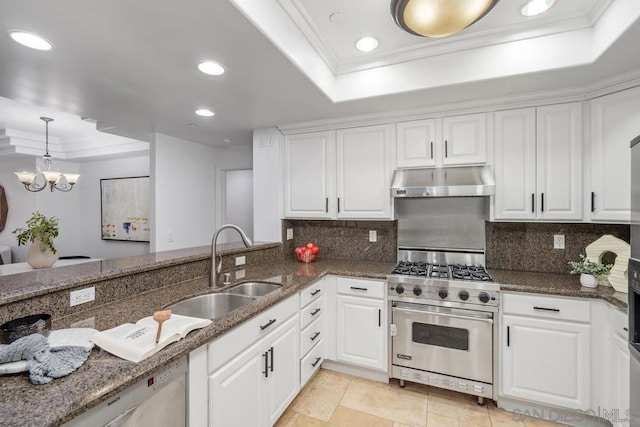 kitchen featuring a tray ceiling, white cabinets, and appliances with stainless steel finishes