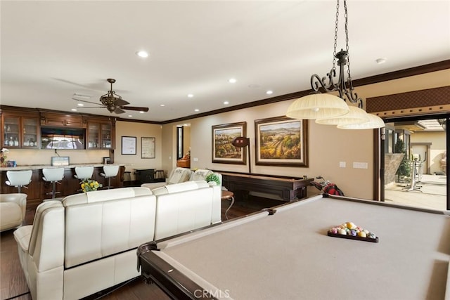 game room featuring ceiling fan, pool table, and ornamental molding