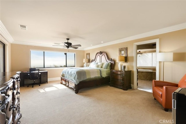 carpeted bedroom featuring crown molding, ceiling fan, and multiple windows