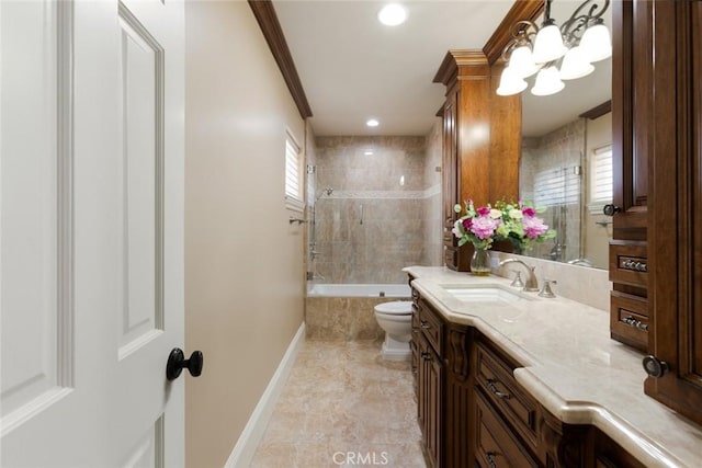 full bathroom featuring vanity, tiled shower / bath combo, crown molding, and a healthy amount of sunlight