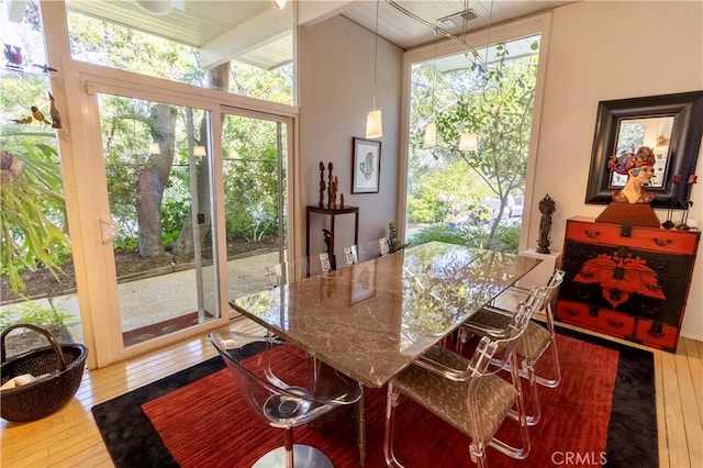 dining room featuring hardwood / wood-style flooring and lofted ceiling