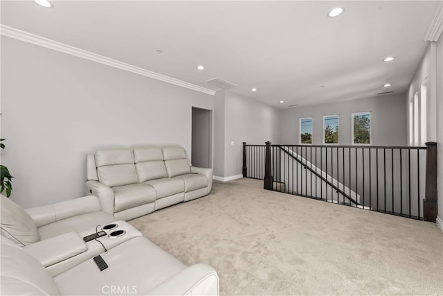 living room featuring ornamental molding and light colored carpet