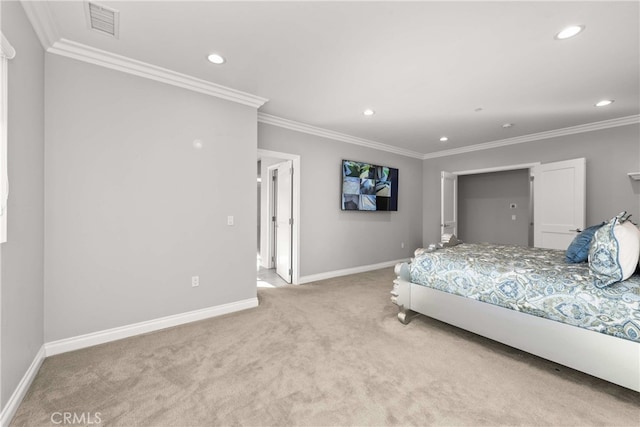 bedroom with light carpet and crown molding