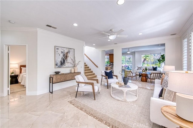 sitting room featuring visible vents, marble finish floor, recessed lighting, crown molding, and baseboards