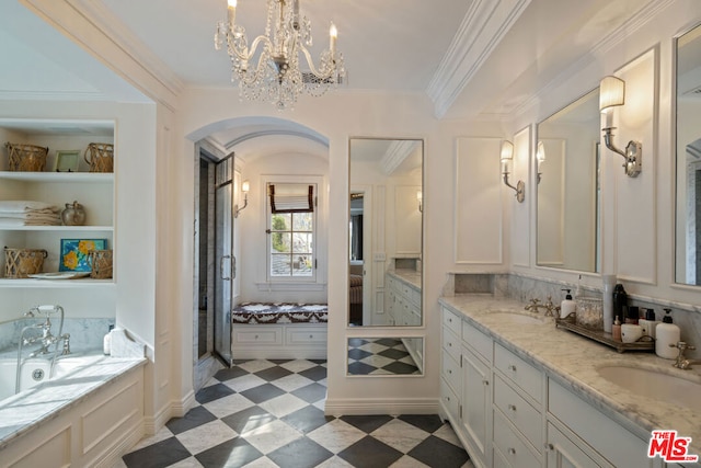 bathroom with vanity, a tub to relax in, crown molding, and backsplash