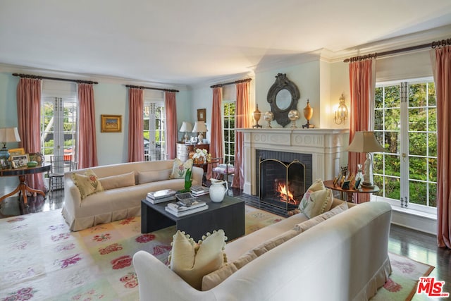 living room with ornamental molding, a fireplace, and hardwood / wood-style floors