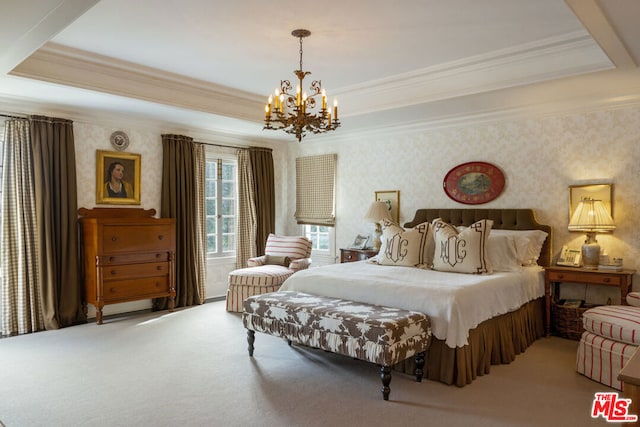 bedroom featuring crown molding, a chandelier, a raised ceiling, and carpet floors