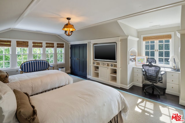 bedroom featuring ornamental molding, lofted ceiling, and dark hardwood / wood-style flooring