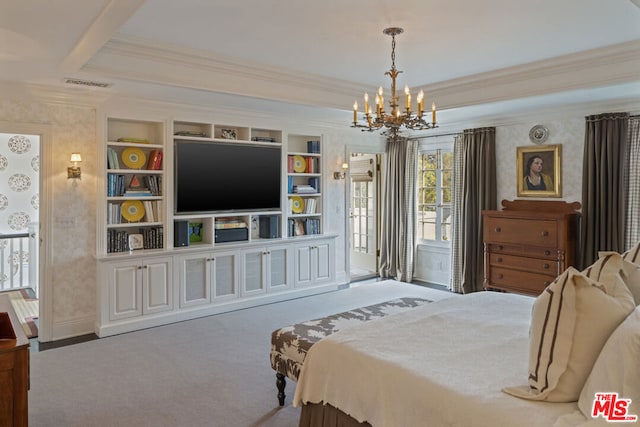 bedroom featuring crown molding, a chandelier, and carpet