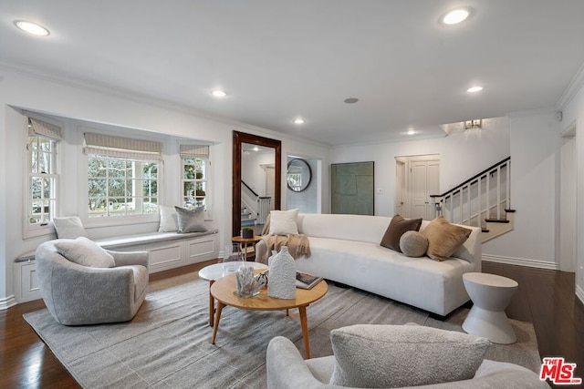 living room featuring crown molding and wood-type flooring