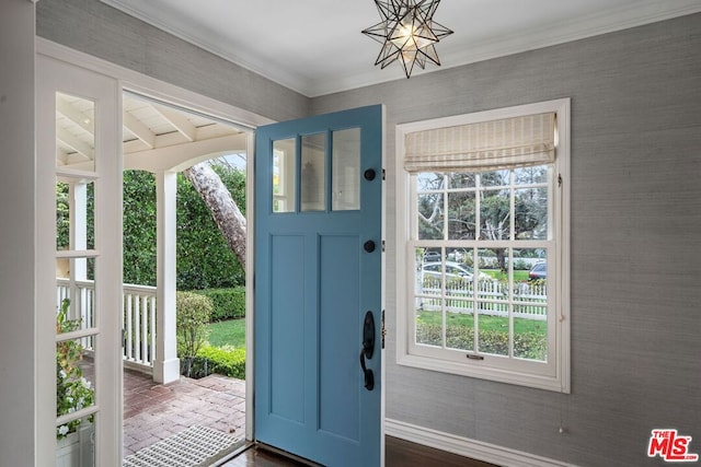 foyer entrance featuring ornamental molding and a wealth of natural light