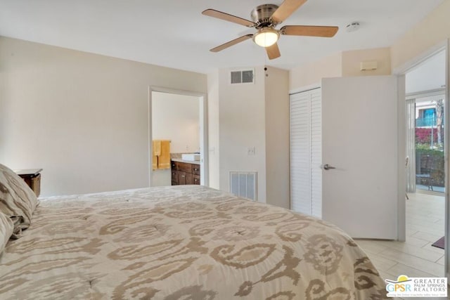 bedroom featuring ceiling fan, connected bathroom, and a closet