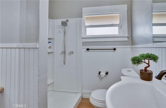 bathroom featuring a shower, sink, and toilet