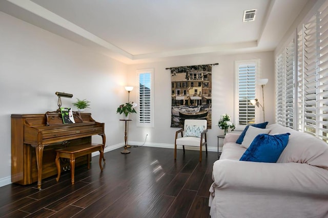 sitting room featuring dark hardwood / wood-style floors and a raised ceiling