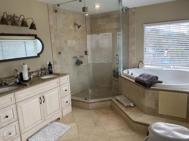 bathroom featuring vanity, separate shower and tub, and tile patterned flooring