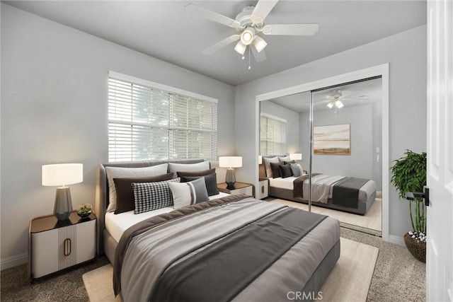 bedroom featuring ceiling fan and a closet