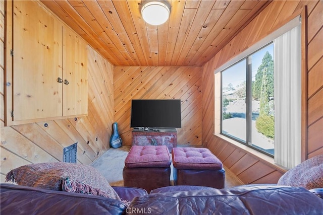 living room featuring wooden ceiling and wood walls