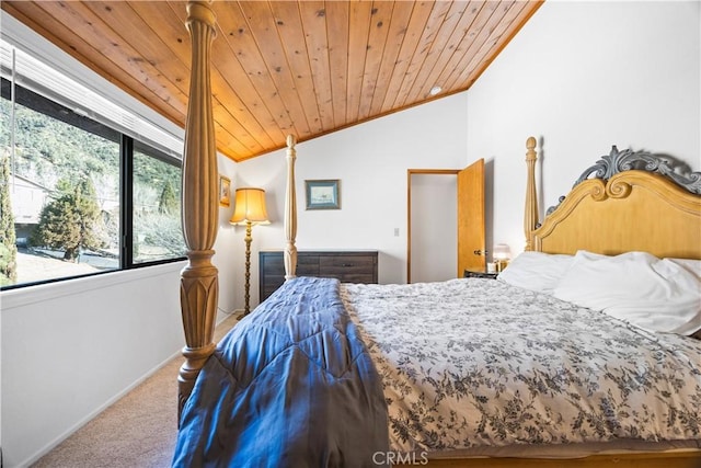 carpeted bedroom with ornamental molding, lofted ceiling, and wood ceiling