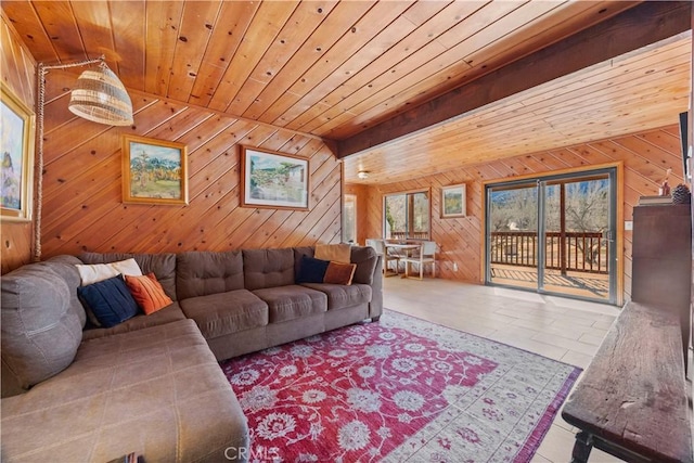 living room featuring wood ceiling and wooden walls