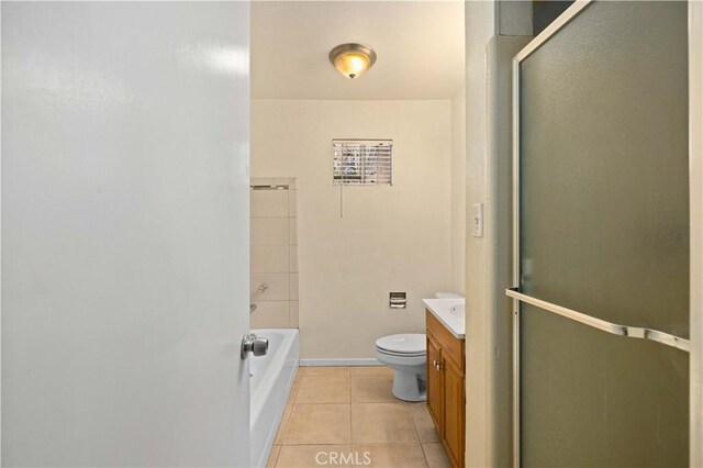 full bathroom featuring toilet, tile patterned floors, shower with separate bathtub, and vanity