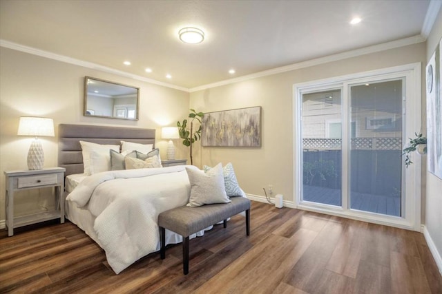 bedroom with ornamental molding and dark wood-type flooring