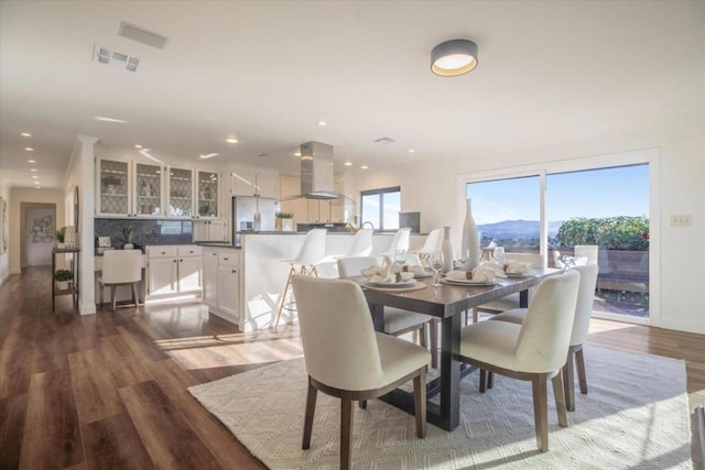 dining space featuring a mountain view and dark wood-type flooring