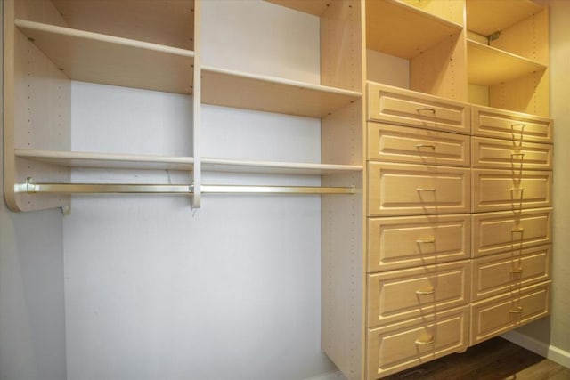 walk in closet with dark wood-type flooring