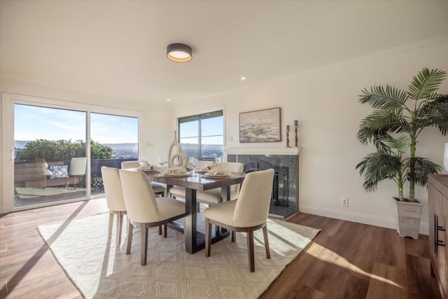 dining space featuring hardwood / wood-style flooring and a high end fireplace