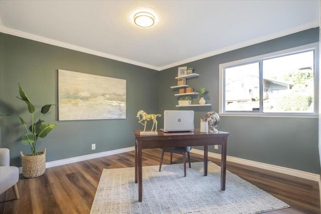 office area featuring crown molding and dark hardwood / wood-style flooring