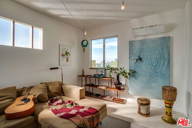 living room with a wall mounted AC and carpet