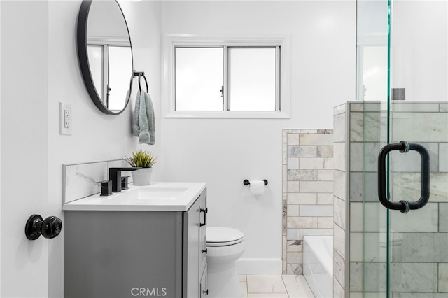 full bathroom featuring vanity, independent shower and bath, and toilet