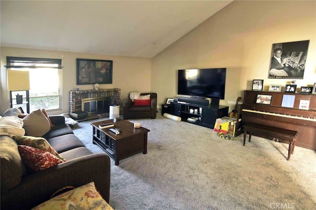 carpeted living room with lofted ceiling