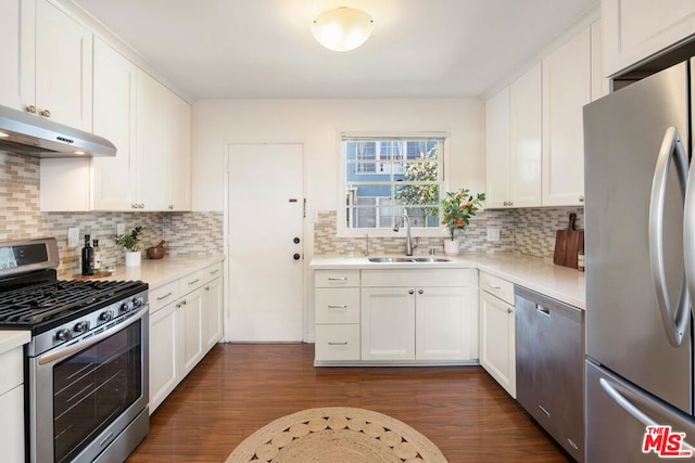 kitchen featuring sink, stainless steel appliances, dark hardwood / wood-style floors, and white cabinets