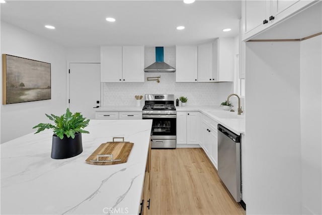2741 Houston Dr, Los Osos, CA 93402 - kitchen featuring white cabinetry, wall chimney exhaust hood, appliances with stainless steel finishes, and a sink